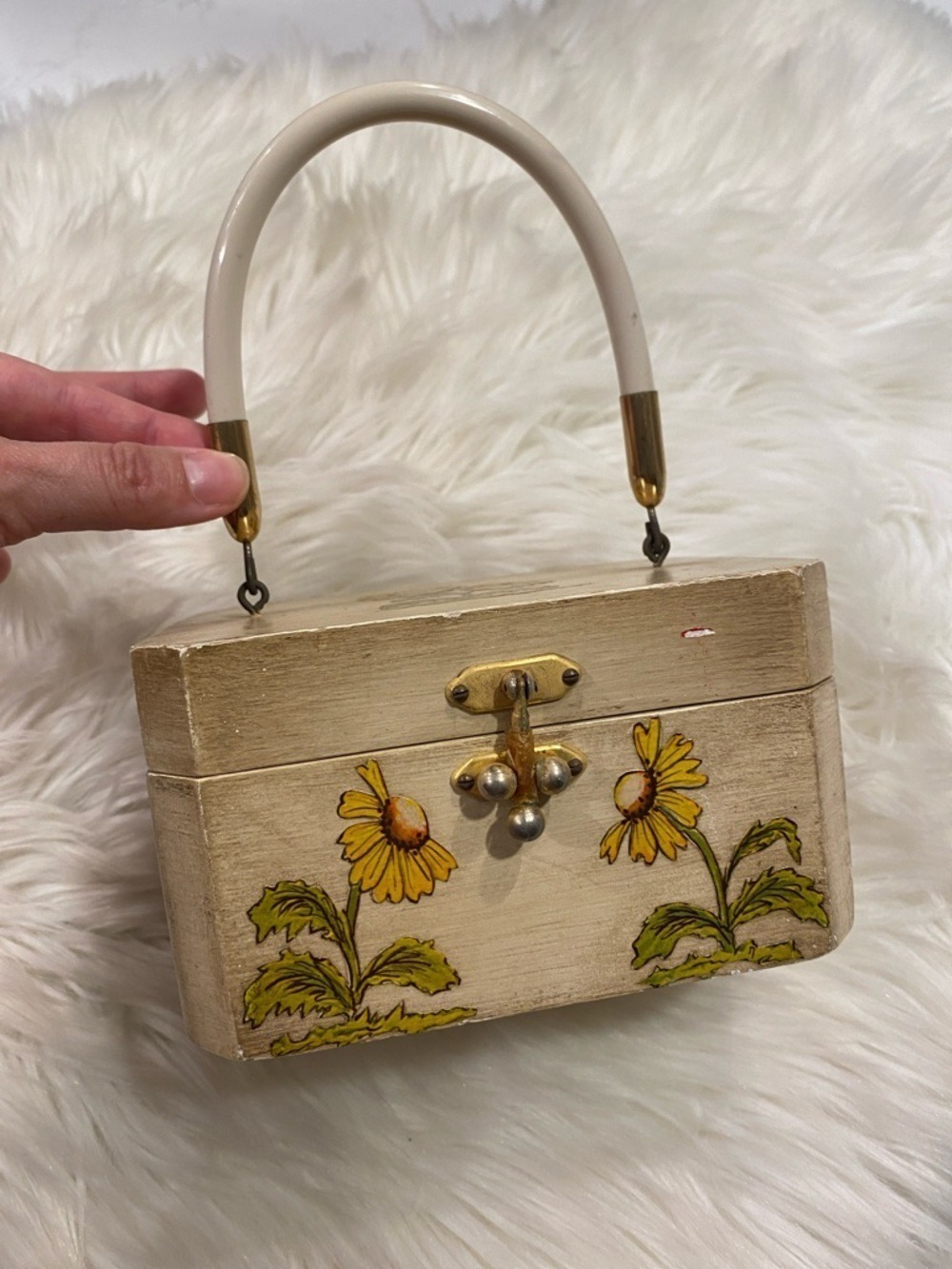 Vintage Cream Floral wooden Box Handbag with Daisy Motif